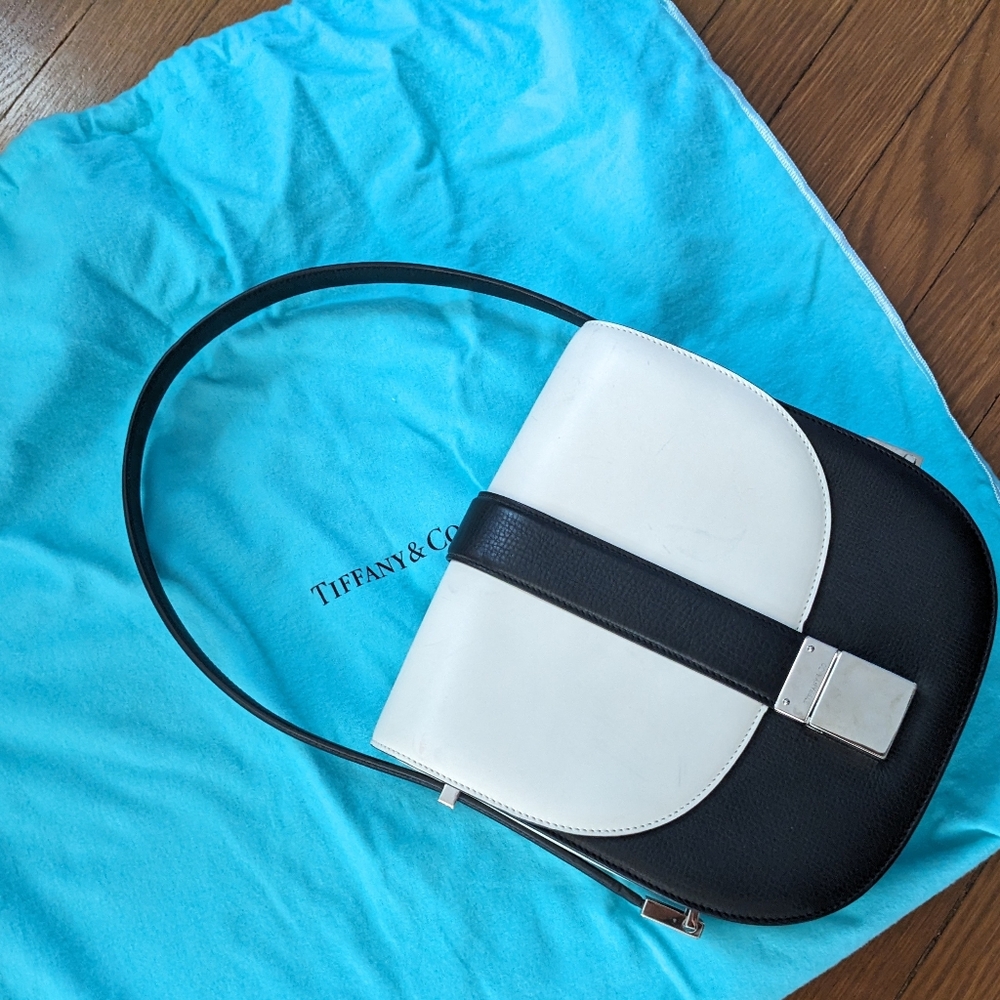 Rare! Tiffany & Co black + white tote, purse w/ Tiffany blue leather lining